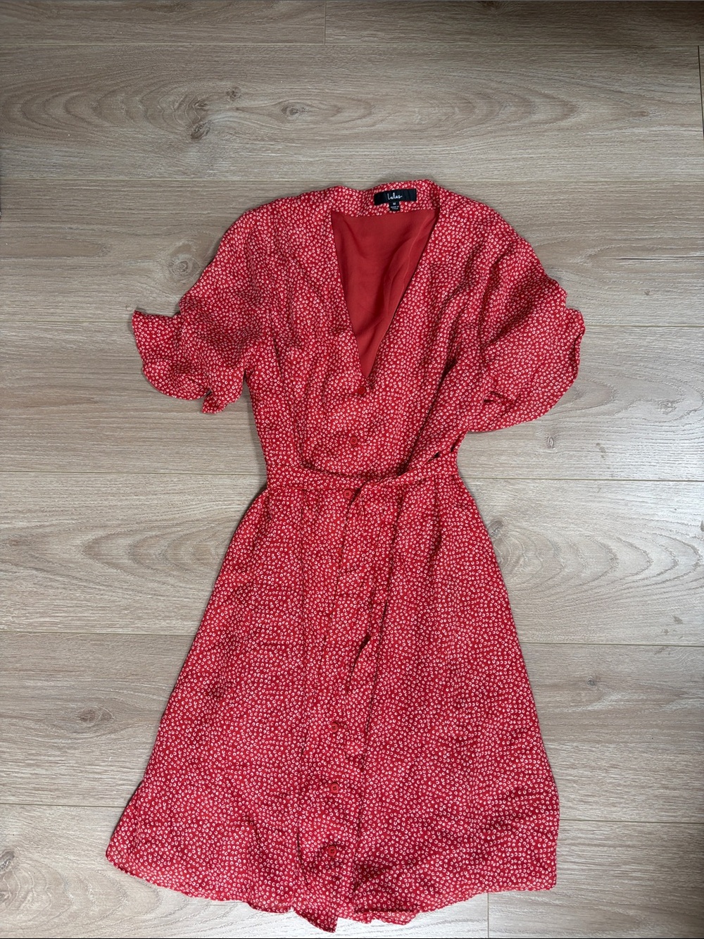 Lulu's Coral-Red Printed Wrap Midi Dress
